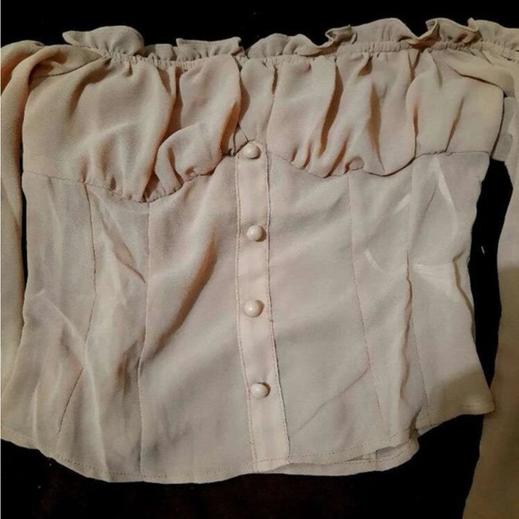 Frilled off shoulder bell sleeve ruched bustier top- size L in color sand - Picture 4 of 8